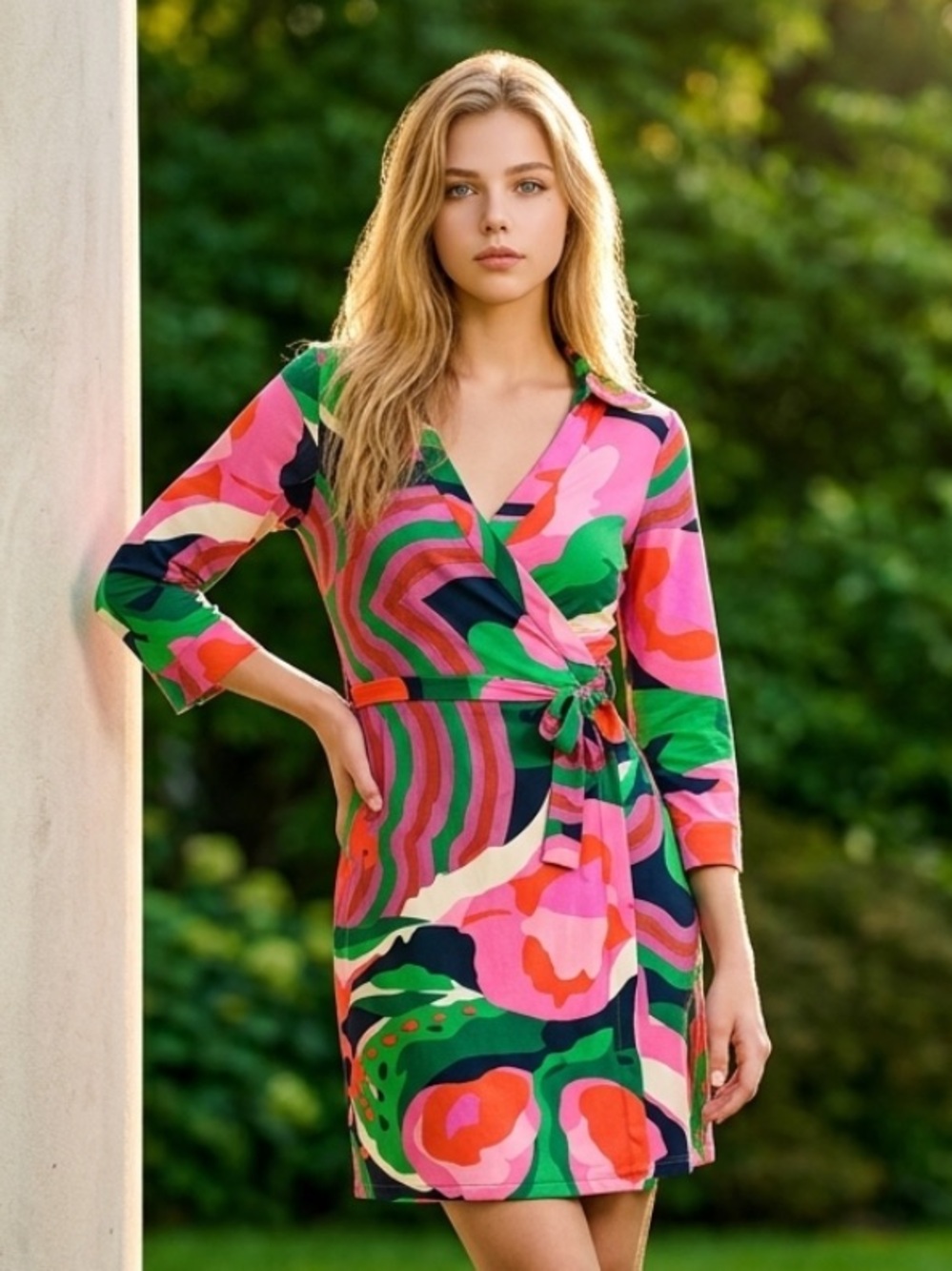 FLORA BEA NYC Milo Mini Dress Wrap $198 Pink Green Purple Stretch 3/4